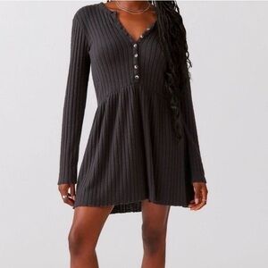 Billabong Cozy Always Lounging Black Long Sleeve Button Up Mini Dress